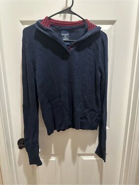 Polo by Ralph Lauren Navy Ribbed Half-Zip Sweater with Red-Striped Collar